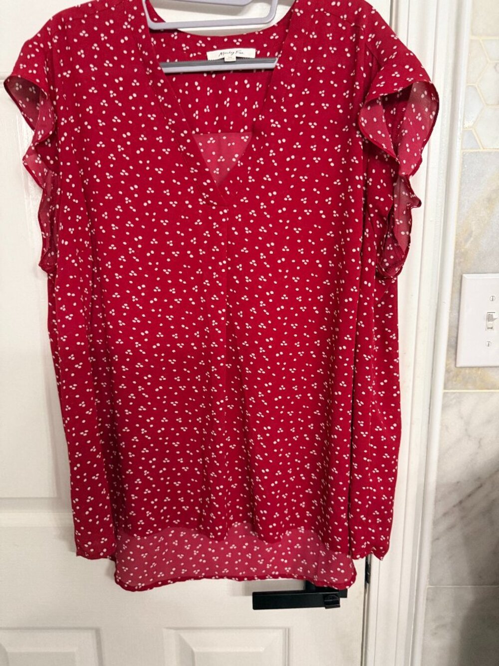 Market & Spruce Red Polka Dot Flutter Sleeve V-Neck Blouse XL